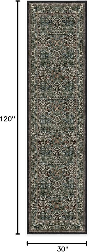 RUGGABLE x Morris & Co Machine Washable Runner Rug – Blackthorn Forest Green 2.5x10, Stain-Resistant, Non-Slip – Washable Rug for Hallway, Entryway, Living Room & Kitchen–with Cushioned Pad