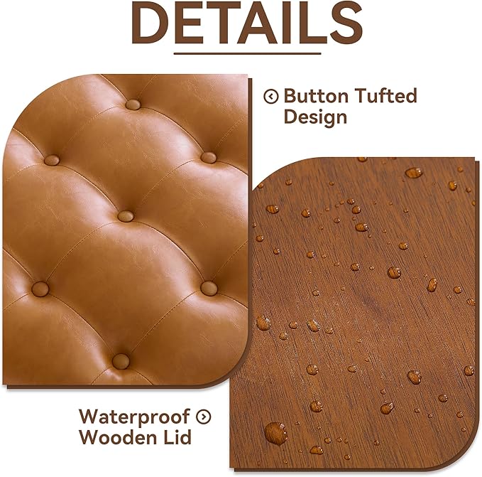 30Inch Round Storage Ottoman with Tray, Modern Tufted Leather Circle Coffee Table with Storage, Upholstered Ottoman with Removable Top for Living Room, Bedroom, Leather Brown