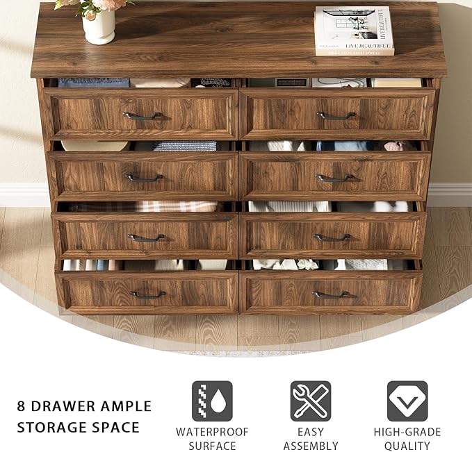 CARPETNAL Farmhouse 8 Drawer Dresser for Bedroom, 55 Inch Wide Modern Brown Dresser TV Stand with Large Drawers & Bar Handles, Rustic Wood Chest of Drawers for Bedroom, Living Room, Hallway, Entryway.