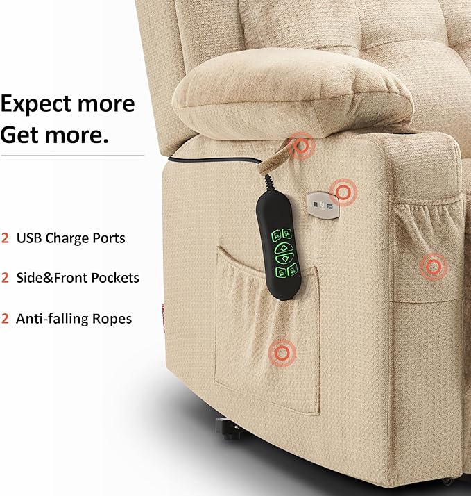 MCombo Small Triple Motor Power Lift Recliner Chair with Massage and Heat for Petite Elderly People, Adjustable Headrest, Infinite Position, USB Ports, Fabric 7664 (Beige, Small)