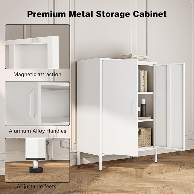 Metal Locker Cabinet with 2 Doors, White Metal Accent Cabinets for Home Office, 40" Counter Height Storage Lockers Sideboard for Home Office Kitchen Living Room Hallway Entryway