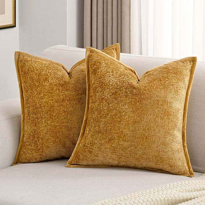 FUTEI Tobacco Chenille Throw Pillow Covers 24x24 Inch Set of 2,Soft Cozy Bound Edge Design European Cushion Cover,Home Decor for Couch Bed Living Room