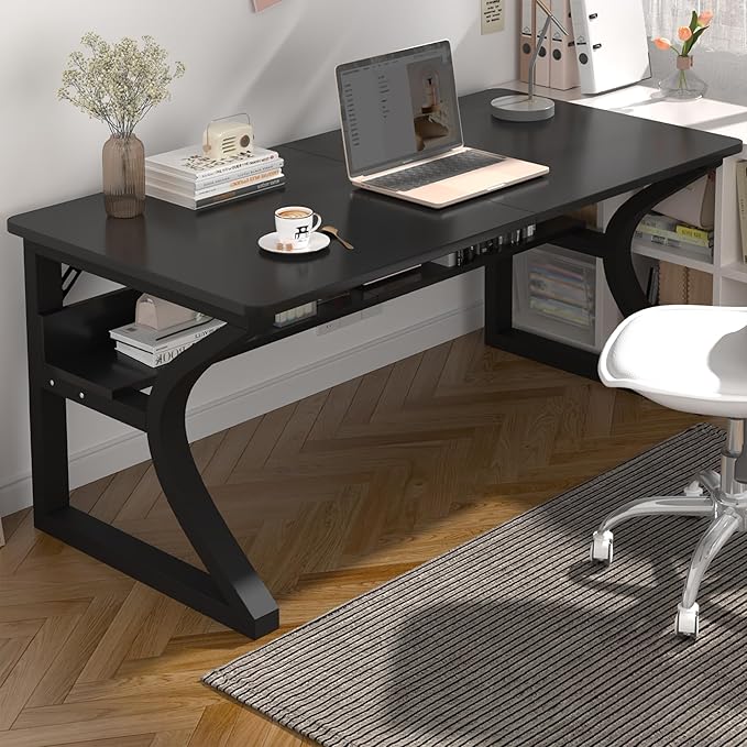 StarGraph Computer Desk 55'' Large Home Office Desk with Sturdy Metal Frame U Shaped Modern Computer Desks with Storage Study Writing Office Work from Home Desks (Black, 55 inch)