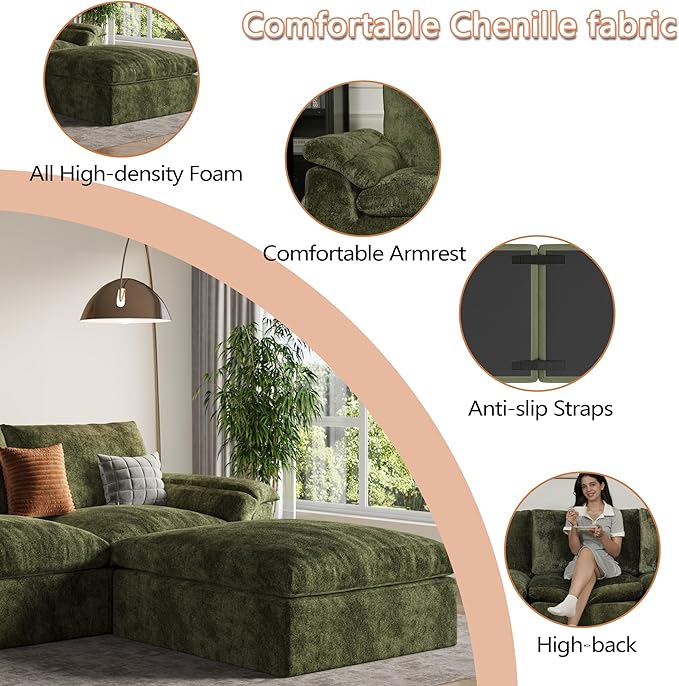 EASE MOOSE Oversized Boneless Couch for Living Room, Sectional Cloud Sofa, Modular Cloud Couch Loveseat, 2-Seater Deep Seat Sofas with Pillow for Bedroom Apartment, No Assembly, Chenille (Green)