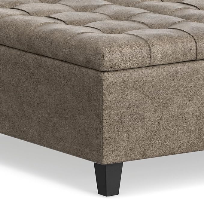 SIMPLIHOME Harrison Coffee Table Storage Ottoman - 36 inch Wide Upholstered Faux Leather Square Lift-Top Ottoman in Distressed Smoky Grey Brown, Transitional Ottoman for Living Room with Storage