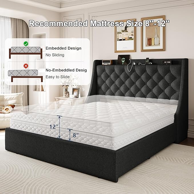 Full Size Upholstered Platform Bed Frame with 4 Storage Drawers and Charging Station, Linen Button Tufted Wingback Headboard, Sturdy Wooden Support Slats, No Box Spring Needed, Dark Grey