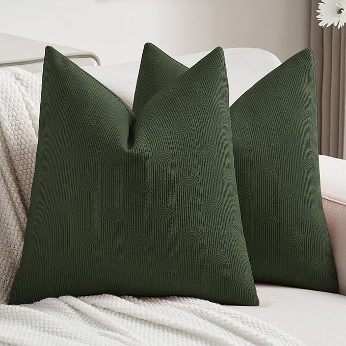 FUTEI Christmas Dark Green Chenille Decorative Throw Pillow Covers 18x18 Inch Set of 2,Soft Cozy Striped Geometric Patterns Cushion Cases,Modern Home Decor for Couch Bed Living Room