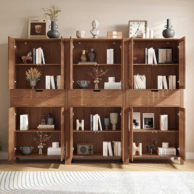 Set of 3 Rustic Brown 69" Tall Farmhouse Storage Cabinet with Drawer & Adjustable Shelves, Grille Door Organizer Unit, Anti-Tip Design for Bathroom,Kitchen,Living Room