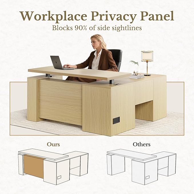 63 Inches L Shaped Standing Desk, Executive Standing Desk with Drawers and File Cabinet, AC/USB, 1.18" Desktop, Multi-sized Storage Cubby, Privacy Panel, Fluted Computer Desk, Light Walnut