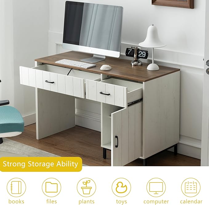 Farmhouse 47" Executive Desk, Home Office Desk with File Drawer and Power Outlet, Computer Desk with 2 Drawers and 1 Storage Cabinet, Workstation for Office Home (White)