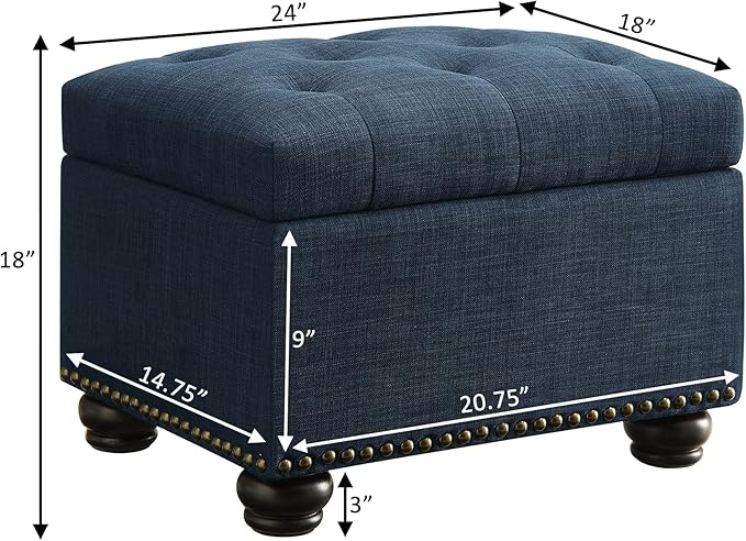 Convenience Concepts Designs4Comfort 5th Avenue Upholstered Storage Ottoman 24" - Contemporary Foot Stool and Seat with Hinged Lid for Living Room, Dining Room, Office, Den, Blue Faux Leather