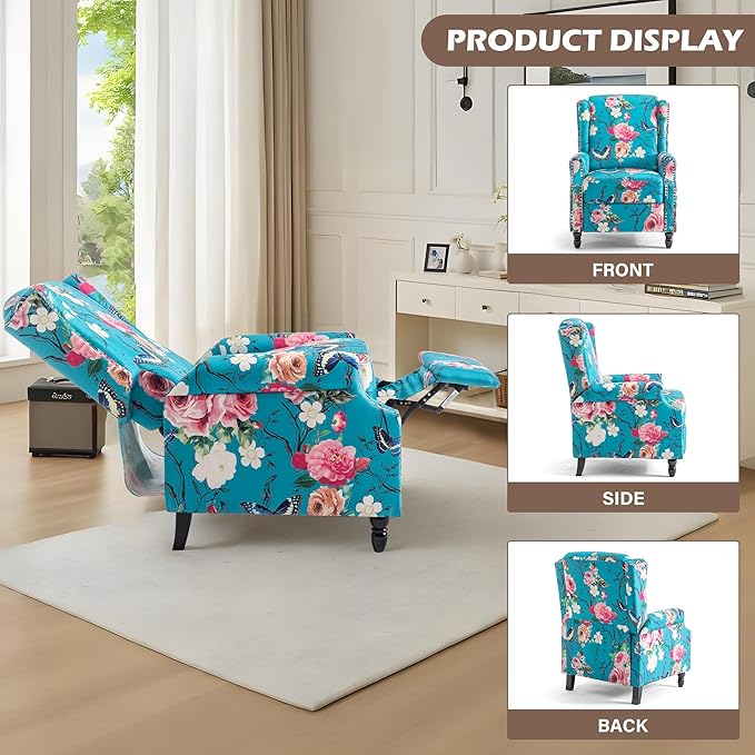 UIXE Pushback Floral Recliner Chairs Set of 2, Fabric Upholstered Armchair Push Back Accent Chair for Living Room, Rivet Trim Club Chair Single Sofa Bedroom Side Reading Seat - Peacock Blue