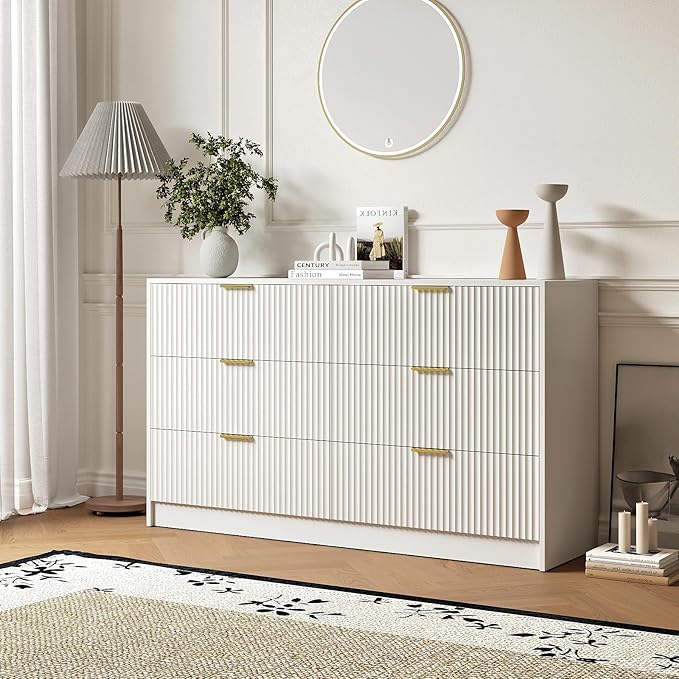 6 Drawers Fluted Dresser for Bedroom, 55" Wide Wooden Dresser with Deep Drawers, Large Floor Chest of Drawers, Modern Long TV Stand, Storage Cabinet Side Table, White