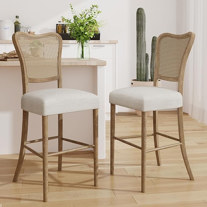 Christopher Knight Home Collda Modern Upholstered Barstools, Wicker Backrest, Vintage Classic Style for Home Bar, Living Room, Kitchen Counter (Set of 2), Dark Brown+Beige