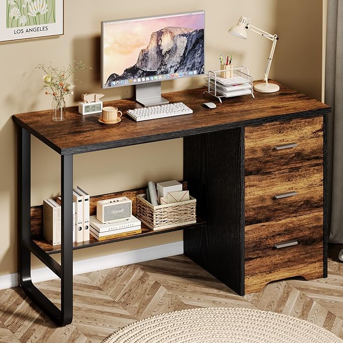 Small Desk with 3 Drawers, 47 Inch Computer Desk with Drawers & Bottom Shelves for Bedroom, Home Office Desk with Storage File Cabinet for Small Spaces, Writing and Work, Black and Brown