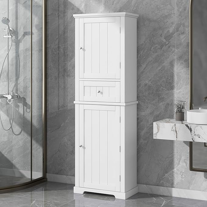Tall Storage Cabinet, Bathroom Floor Freestanding Storage Cabinet with 2 Doors, One Drawer, and Adjustable Shelf for Bathroom, Office, Living Room, White