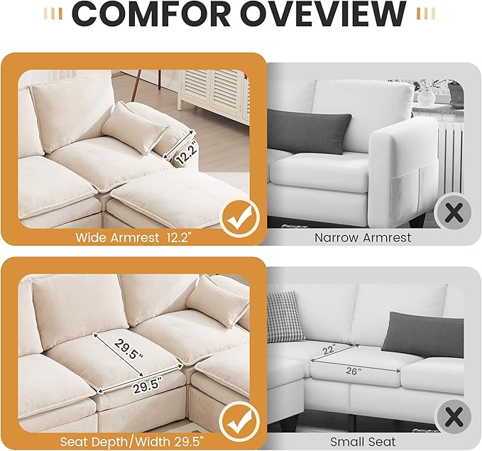130" U Shaped Modular Sectional Sofa, Couch with Ottoman Storage, Chenille Cloud Couch with Plush Deep Seating for Living Room, Bedroom (9 Seat, Beige)