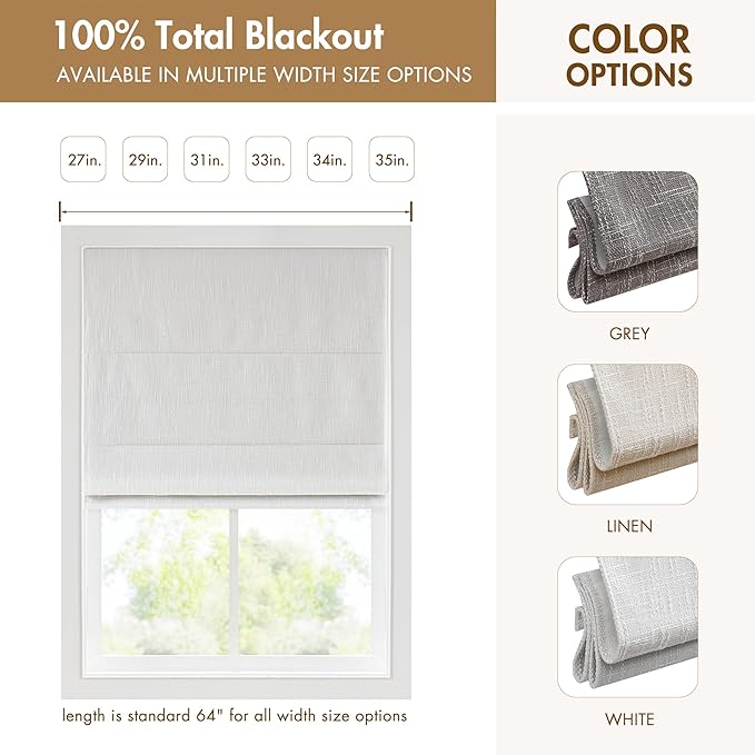 Madison Park Cordless Roman Shades, Total Blackout Window Blind Privacy Window Shades, Thermal Insulated Cordless Window Treatment for Bedroom, Living Room, Quincy, Single Panel 35" W X 64" H White