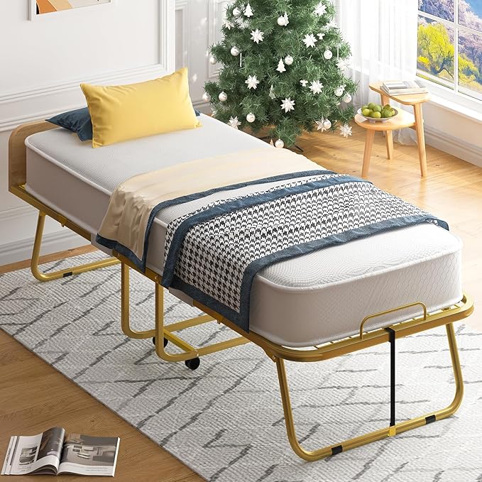 Mjkone Folding Bed with 5" Memory Foam Mattress & Upgraded 75x38 Frame Single Portable Guest Bed, Space-Saving Design, Lockable Wheels for Easy Moving, Quick Assembly & Compact Storage-Gold