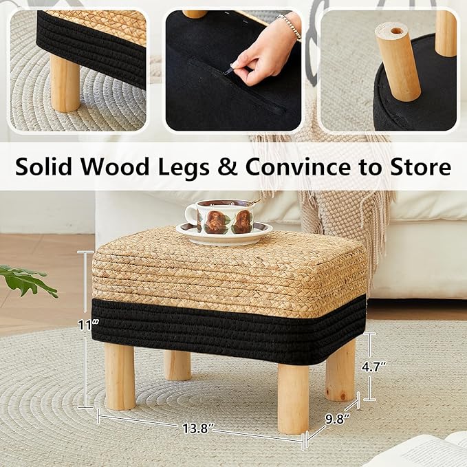 Ottoman Foot Stool Rectangular Footrest Natural Seagrass Footstool with Wooden Legs Hand Weave Multifunctional Modern Dressing Stool, Sofa Side Table for Bedroom for Living Room (Black)