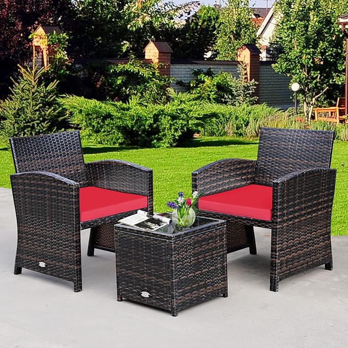 COSTWAY 3 Pieces Patio Furniture Sets, Outdoor Rattan Conversation Set with Tempered Glass Tabletop and Soft Cushion, Wicker Cushioned Chair Sofa for Backyard, Porch, Poolside, Lawn, Red