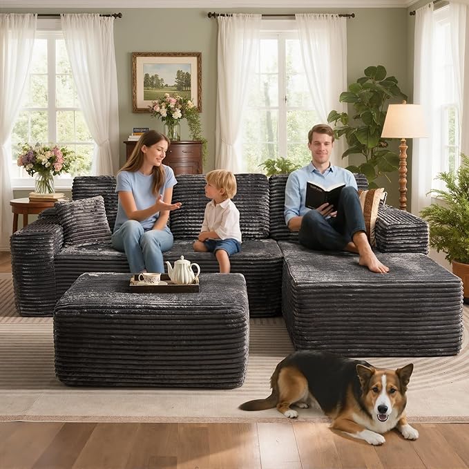 106" Cloud Sectional Couch with L-Shape Chaise & Ottoman, No Assembly Modular Sofa, Deep Seat Plush Corduroy Boneless Couched for Living Room (Gray Plush Corduroy, Right Facing Chaise with Ottoman)