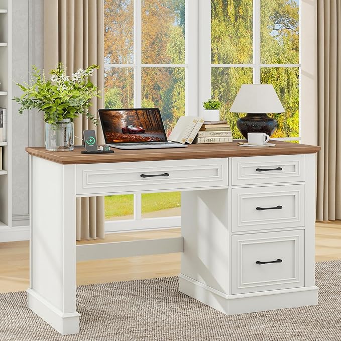 Vabches Farmhouse 47" Executive Desk, Computer Desk with Drawers and File Drawer, Workstation Computer Desk with Charging Station for Home Office,Study,Unique White.