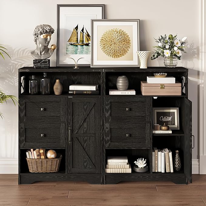 Fameill Farmhouse Storage Cabinet with 2 Drawers & Shelves,Freestanding Kitchen Cabinet with Doors,Floor Storage Organization for Living Room,Bathroom,Laundry,Black