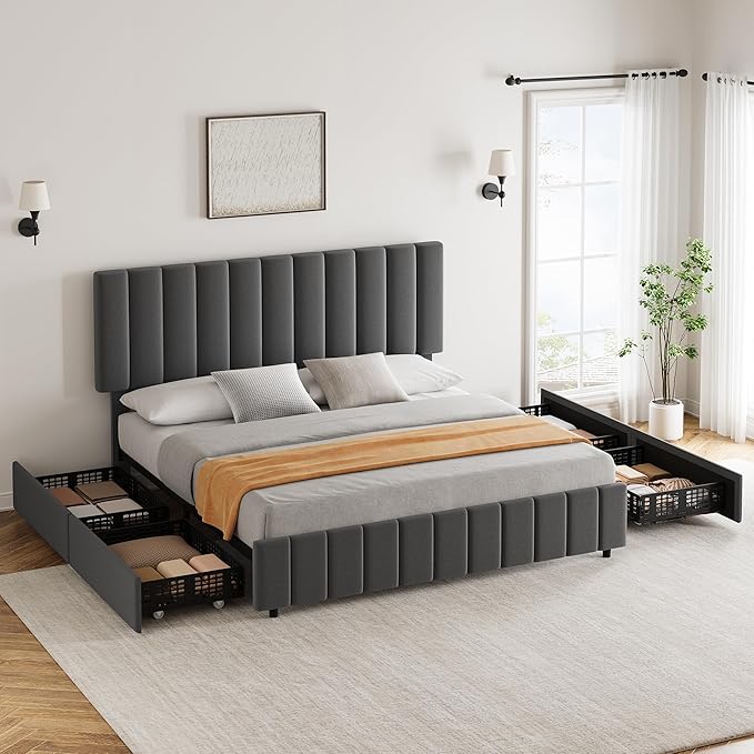 Garvee Queen Size Bed Frame with 4 Storage Drawers, Adjustable Height Headboard, Linen Upholstered Platform Bed Frame, No Box Spring Needed, Easy Assembly, Grey