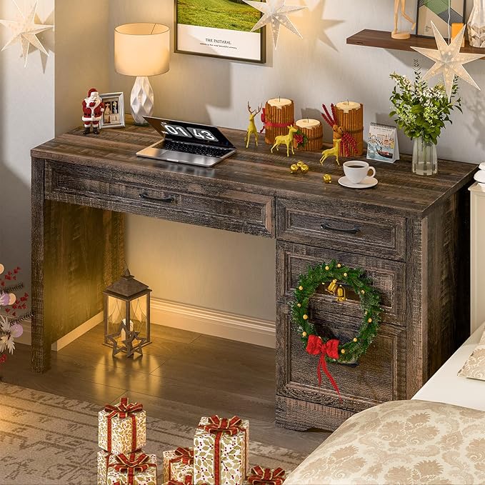 Vabches Farmhouse Executive Desk with Storage and Ample File Drawer, Rustic Large Home Writing Desk for Bedroom, Dark Oak