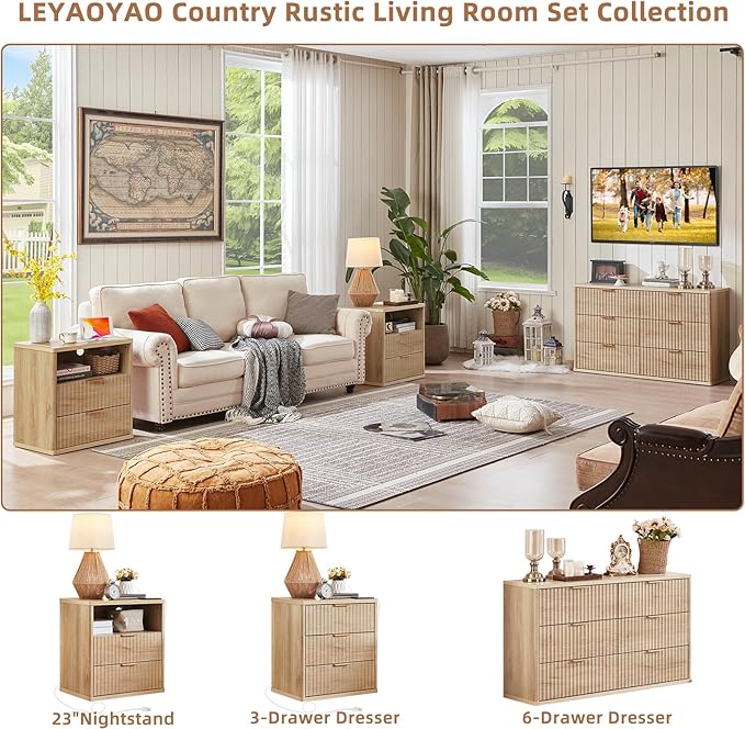 LEYAOYAO Fluted Nightstand with Charging Station, 23" Modern Night Stand with Woodgrain Top, 2 Drawers End Table w/Storage, Bedside Tables for Bedroom, Living Room, Curved Profile Design,Wood