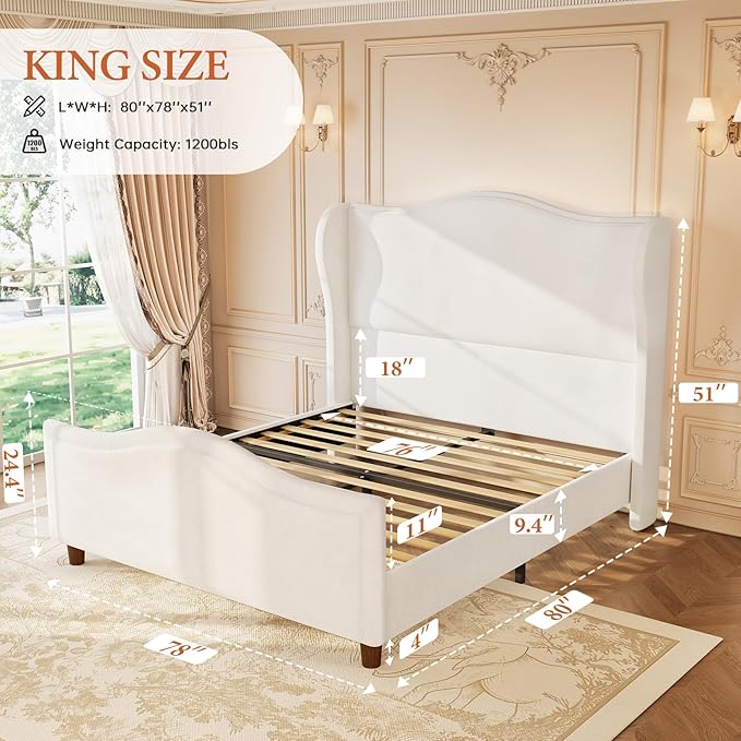 koorlian King Size Bed Frame Chenille Upholstered Platform Bed with 51" Tall Headboard and High Deep Tufted Footboard, Modern Retro Minimalist Style Wingback Sleigh Bed, Easy Assembly, Cream