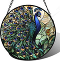 Stained Glass Window Hanging, Turquoise Peacock Sun Catcher for Door Home Decor Blue Green Suncatcher Christmas Mother's Day Birthday Gifts for Women Men Mom and Nana 15 in