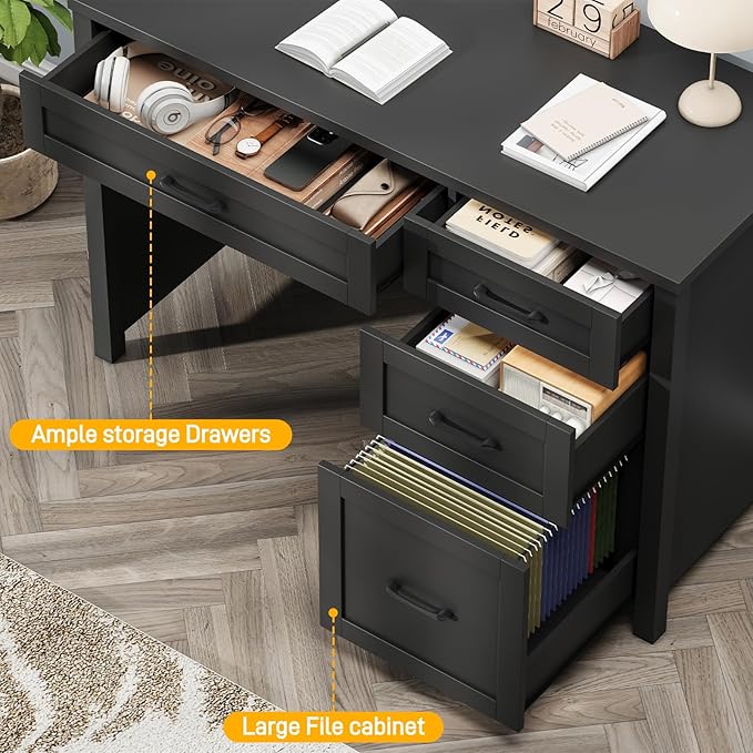 Vabches Farmhouse 47" Executive Desk, Computer Desk with File Drawer and Charging Station, Workstation for Home Office, Study,Pure Black.