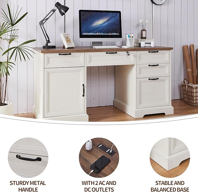 60" Farmhouse Executive Desk with Charging Station,Home Office Desk with 4 Drawers & 1 Cabinet&1 File Cabinet,Main Drawer with Lock,Wood Desk for Office and Home