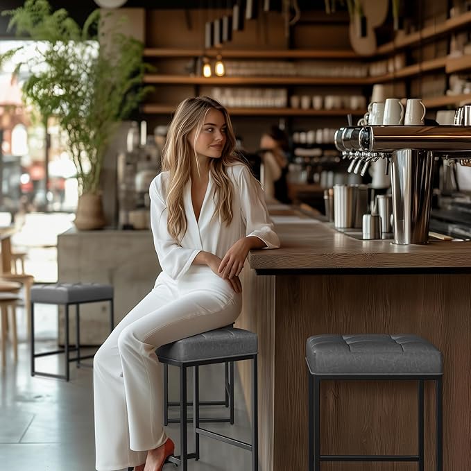 Yaheetech Bar Stools Set of 2, 24 Inch Counter Height Bar Stools Set, Backless Kitchen Island Stools, Faux Leather Stools for Kitchen Counter, Grey