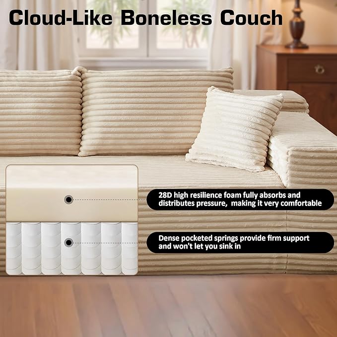 106" Cloud Sectional Couch with Chaise Lounge,L Shaped Modular Modern Sofa,Comfy Corduroy Fluffy Couches with Deep Seat,No Assembly Required Couch for Living Room(Left,Plush Corduroy,Beige)