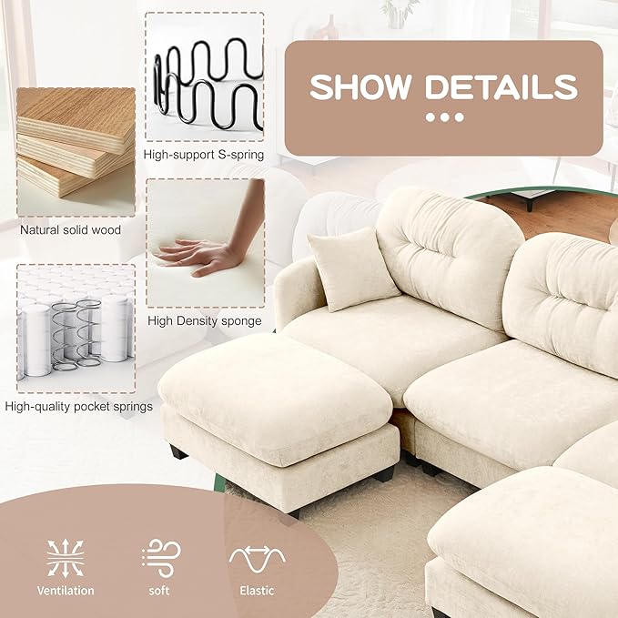 140" U Shaped Couch for Living Room, Comfy Chenille Fabric Cloud Sectional Couch, Modern Upholstered Deep Seat Sofa with Pillow and 2 Movable Ottoman, Oversized 4 Seater Sectional Sofa, Beige
