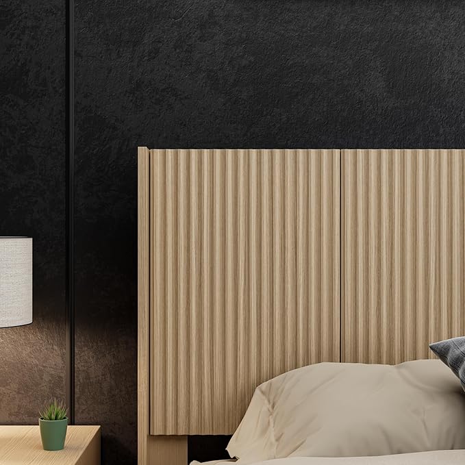 KEIKI Wooden Queen Size Headboard Only, 64.5" Wide Farmhouse Headboards with Wall Mounted Fluted Panel & Wingback for Bedroom, Oak