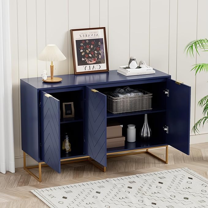 Scurrty 31.5'' Navy Blue Sideboard Cabinet, 3-Door Buffet with Adjustable Shelf & Herringbone Design, Versatile Storage Cabinet for Kitchen, Living Room & Entryway