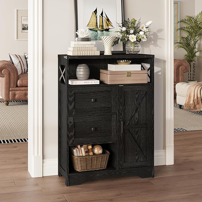 Fameill Farmhouse Storage Cabinet with 2 Drawers & Shelves,Freestanding Kitchen Cabinet with Doors,Floor Storage Organization for Living Room,Bathroom,Laundry,Black