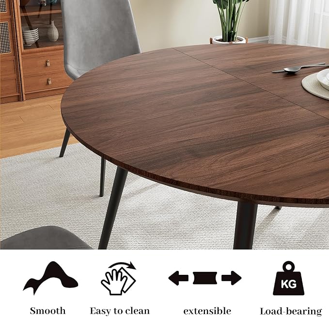 43.3"-59.1" Extendable Round Dining Table Set of 4, Mid Century Wooden Round Kitchen Table, Coffee Table for 4-6 Person, 4 Gray PU Leather Chair