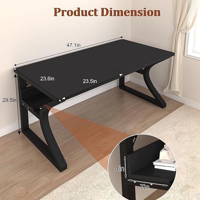 StarGraph Computer Desk 47'' Large Home Office Desk with Sturdy Metal Frame U Shaped Modern Computer Desks with Storage Study Writing Office Work from Home Desks (Black, 47 inch)