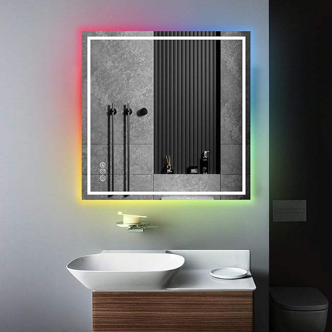Awoco LED Bathroom Mirror, 36" x 36" Vanity Mirror with 8 Colors RGB Backlit and 3 Colors Front Light, Dimmable Anti-Fog Lighted Mirror, Memory Function, for Bathroom Wall