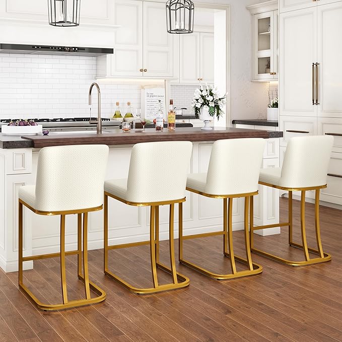 PHI VILLA White and Gold Bar Stools Set of 3, Faux Leather Counter Height Chairs, Kitchen Stools for Island, 24 Inch Barstools with Back