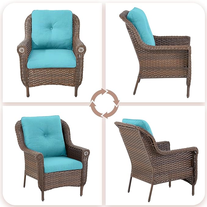 Patio Wicker Chairs Outdoor Furniture Chair - Set of 2 Outside All Weather Lawn Dining Brown Rattan Armchair with High Back&Deep Seating for Deck Porch Balcony Backyard Garden - Turqoise