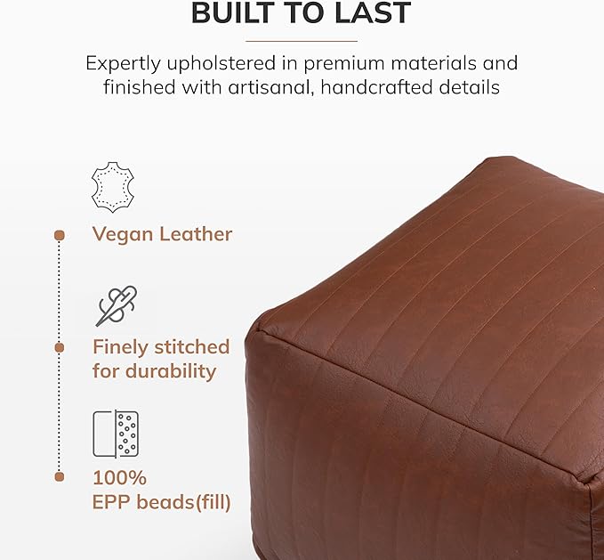 Anji Mountain 100% Handmade & Handcrafted Comfortable Home Décor Pouf Ottoman Footrest for Living Room, Bedroom, Nursery, Kidsroom, Patio Furniture - (22" x 22" x 16" - Cognac)