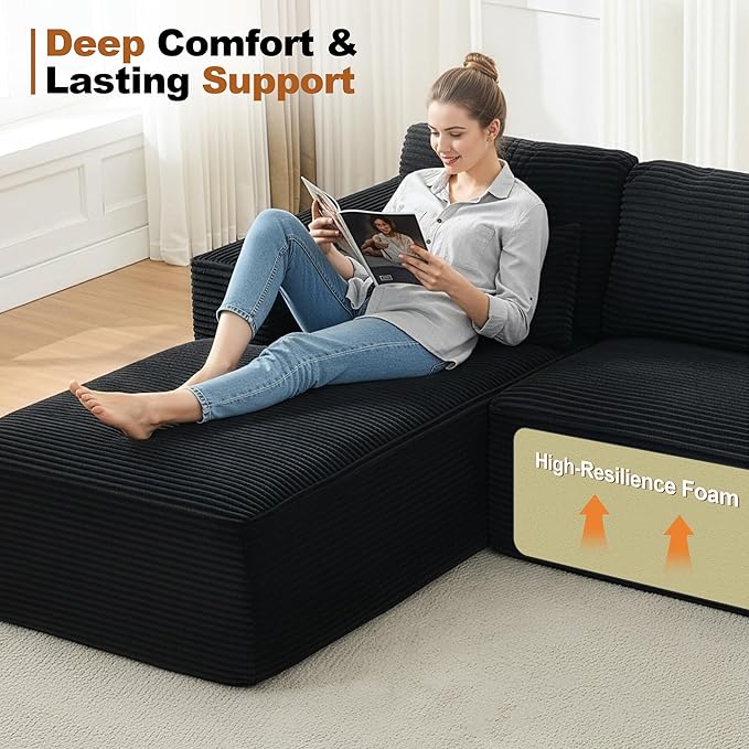 Cloud Modular Sectional Sofa Couch,L-Shape Modern Boneless Sectional Couch with Deep Seat,Upholstered Couches for Living Room Bedroom,No Assembly Required,Black