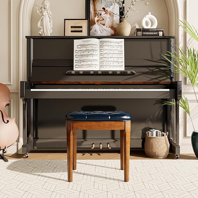 MODERION Vanity Bench Stool with Upholstered, Modern Luxury Wood Stool ,Ottoman Shoe Bench for Living Room, Vanity, Entryway, 19.3"L x 14.9"W x 19.3"H Easy Assembly, Beeswax Leg & Blue Seat FD-HNY-BL