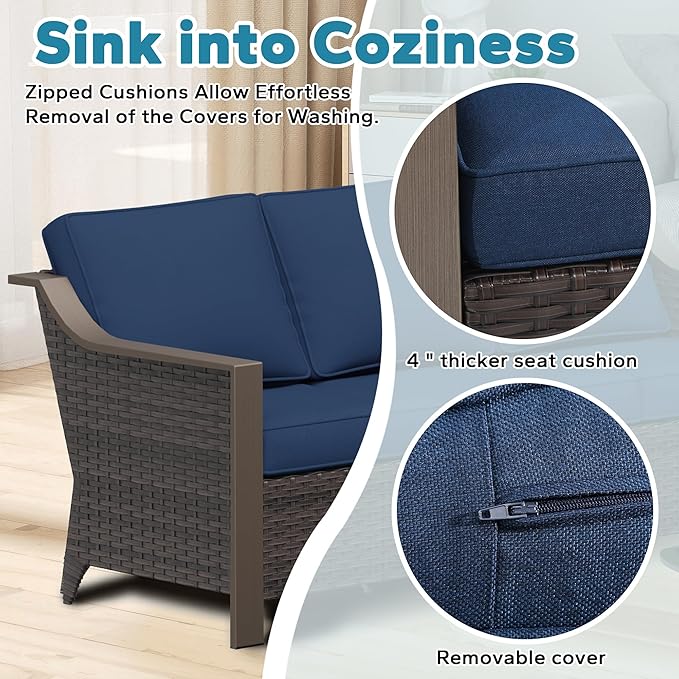 Outdoor Armchairs Set of 2, Patio Metal Wicker Conversation Furniture Set, Premium & Washable Cushions, Durable PE Rattan, Metal Armrests with Wood Grain, Backyard (Navy Blue)